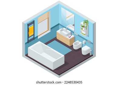 Isometric Modern bathroom interior with white toilet, mirror, sink and bathtub.