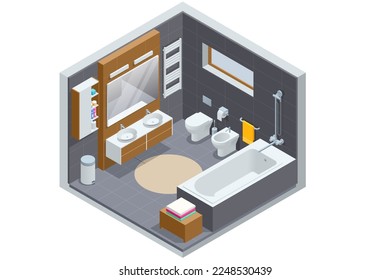 Isometric Modern bathroom interior with white toilet, mirror, sink and bathtub.