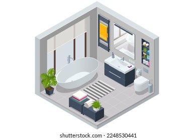 Isometric Modern bathroom interior with white toilet, mirror, sink and bathtub.