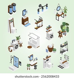 Isometric modern bathroom and toilet interiors set with equipment accessories decor elements isolated 3d vector illustration