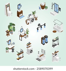 Isometric modern bathroom and toilet interiors set with equipment accessories decor elements isolated 3d vector illustration