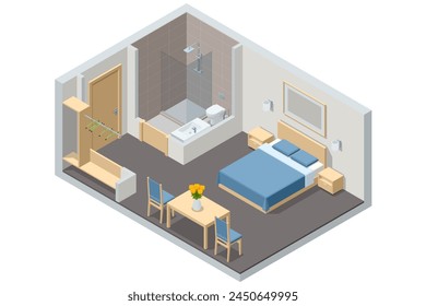 Suite de dormitorio moderno isométrico en el hotel. Hotel Haciendo Check-in y Descansando en sus Habitaciones. Disfruta del Festiva y las vacaciones. Aplicación móvil, reservas de hotel en línea en el Sitio web.