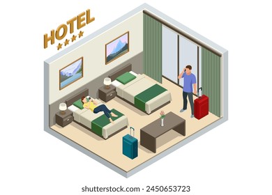 Isometric Modern Bedroom Suite in Hotel. Hotel Checking in and Having Rest in Their Rooms. Enjoy the Holiday and Vacation. Mobile Application, Hotel Booking Online on Website.