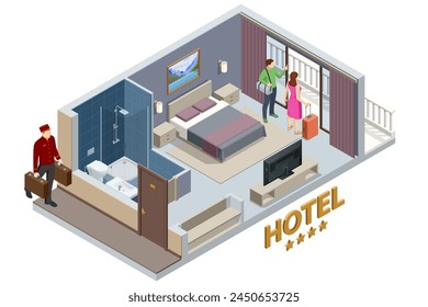 Isometric Modern Bedroom Suite in Hotel. Hotel Checking in and Having Rest in Their Rooms. Enjoy the Holiday and Vacation. Mobile Application, Hotel Booking Online on Website.