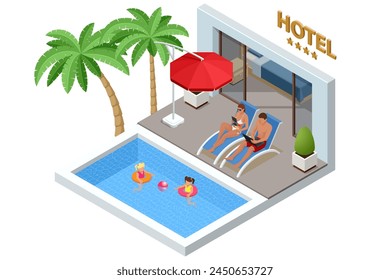 Isometric Modern Bedroom Suite in Hotel. Luxury Gotel and Exterior Design Pool Villa with Living Room, Sunbed and Sofa. Enjoy the Holiday and Vacation. Mobile Application, Hotel Booking Online