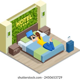 Isometric Modern Bedroom Suite in Hotel. Hotel Checking in and Having Rest in Their Rooms. Enjoy the Holiday and Vacation. Mobile Application, Hotel Booking Online on Website.