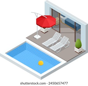Isometric Modern Bedroom Suite in Hotel. Luxury Gotel and Exterior Design Pool Villa with Living Room, Sunbed and Sofa. Enjoy the Holiday and Vacation. Mobile Application, Hotel Booking Online
