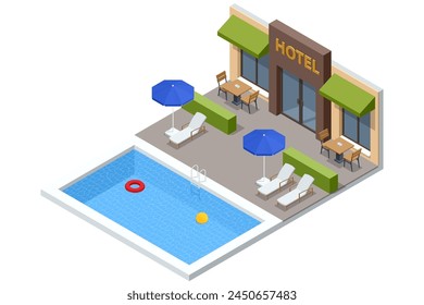 Isometric Modern Bedroom Suite in Hotel. Luxury Gotel and Exterior Design Pool Villa with Living Room, Sunbed and Sofa. Enjoy the Holiday and Vacation. Mobile Application, Hotel Booking Online