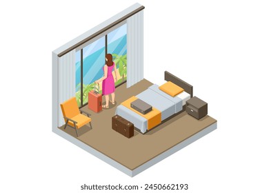 Isometric Modern Bedroom Suite in Hotel. Hotel Checking in and Having Rest in Their Rooms. Enjoy the Holiday and Vacation. Mobile Application, Hotel Booking Online on Website.