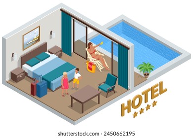 Isometric Modern Bedroom Suite in Hotel. Luxury Gotel and Exterior Design Pool Villa with Living Room, Sunbed and Sofa. Enjoy the Holiday and Vacation. Mobile Application, Hotel Booking Online