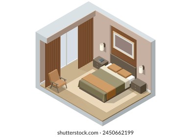 Isometric Modern Bedroom Suite in Hotel. Hotel Checking in and Having Rest in Their Rooms. Enjoy the Holiday and Vacation. Mobile Application, Hotel Booking Online on Website.