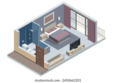 Isometric Modern Bedroom Suite in Hotel. Hotel Checking in and Having Rest in Their Rooms. Enjoy the Holiday and Vacation. Mobile Application, Hotel Booking Online on Website.