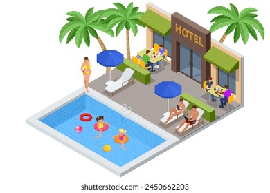 Isometric Modern Bedroom Suite in Hotel. Luxury Gotel and Exterior Design Pool Villa with Living Room, Sunbed and Sofa. Enjoy the Holiday and Vacation. Mobile Application, Hotel Booking Online