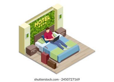 Isometric Modern Bedroom Suite in Hotel. Hotel Checking in and Having Rest in Their Rooms. Enjoy the Holiday and Vacation. Mobile Application, Hotel Booking Online on Website.