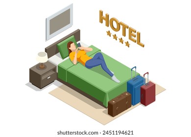 Isometric Modern Bedroom Suite in Hotel. Hotel Checking in and Having Rest in Their Rooms. Enjoy the Holiday and Vacation. Mobile Application, Hotel Booking Online on Website