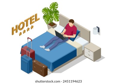 Isometric Modern Bedroom Suite in Hotel. Hotel Checking in and Having Rest in Their Rooms. Enjoy the Holiday and Vacation. Mobile Application, Hotel Booking Online on Website