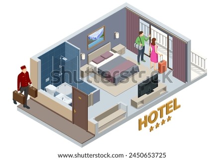 Isometric Modern Bedroom Suite in Hotel. Hotel Checking in and Having Rest in Their Rooms. Enjoy the Holiday and Vacation. Mobile Application, Hotel Booking Online on Website.