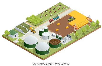 Isometric Modern biogas plant Biogas is an environmentally friendly clean, and cheap combustible gas produced from livestock manure and agricultural waste by microorganisms in an anaerobic environment