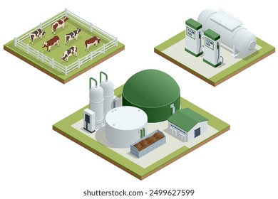 Isometric Modern biogas plant Biogas is an environmentally friendly clean, and cheap combustible gas produced from livestock manure and agricultural waste by microorganisms in an anaerobic environment