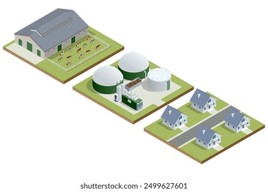 Isometric Modern biogas plant Biogas is an environmentally friendly clean, and cheap combustible gas produced from livestock manure and agricultural waste by microorganisms in an anaerobic environment