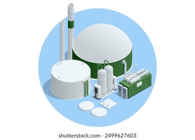 Isometrische moderne Biogasanlage Biogas ist ein umweltfreundliches sauberes und billiges brennbares Gas, das aus Viehdung und landwirtschaftlichen Abfällen durch Mikroorganismen in einer anaeroben Umgebung erzeugt wird