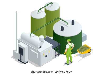 Isometric Modern biogas plant Biogas is an environmentally friendly clean, and cheap combustible gas produced from livestock manure and agricultural waste by microorganisms in an anaerobic environment
