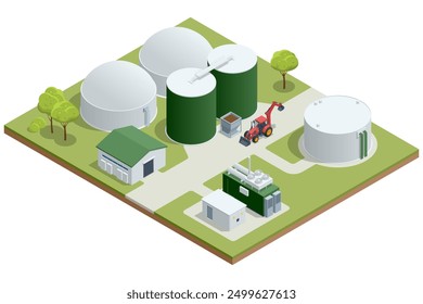 Isometric Modern biogas plant Biogas is an environmentally friendly clean, and cheap combustible gas produced from livestock manure and agricultural waste by microorganisms in an anaerobic environment