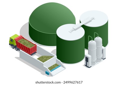 Isometric Modern biogas plant Biogas is an environmentally friendly clean, and cheap combustible gas produced from livestock manure and agricultural waste by microorganisms in an anaerobic environment