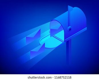 Isometric modern blue Mail Box vector illustration. Open Mail Box with envelopes. Vector illustration