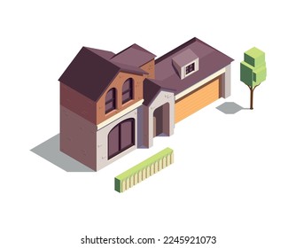 Isometric modern brick residential building with tree 3d vector illustration