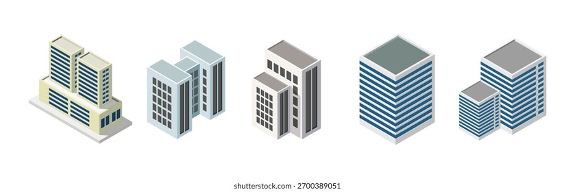 Edifício moderno isométrico. Construindo ilustração de renderização 3d com janelas e árvores, ícone simples cores brancas. home edificações ilustrações em 3d visualização dimétrica isométrica. Centro urbano isométrico.