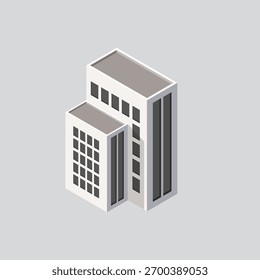 Edifício moderno isométrico. Construindo ilustração de renderização 3d com janelas e árvores, ícone simples cores brancas. home edificações ilustrações em 3d visualização dimétrica isométrica. Centro urbano isométrico.