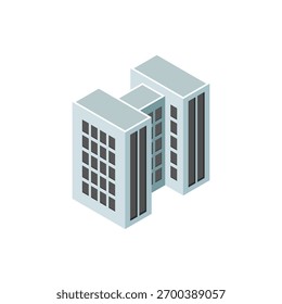 Edifício moderno isométrico. Construindo ilustração de renderização 3d com janelas e árvores, ícone simples cores brancas. home edificações ilustrações em 3d visualização dimétrica isométrica. Centro urbano isométrico.