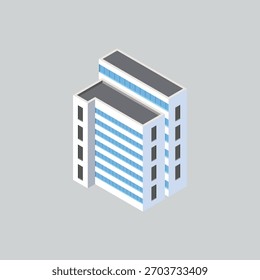 Edifício moderno isométrico. Construindo ilustração de renderização 3d com janelas e árvores, ícone simples cores brancas. home edificações ilustrações em 3d visualização dimétrica isométrica. Centro urbano isométrico.