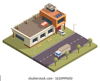 Isometric Modern Building with Garden View in Front of Transport Street Background.