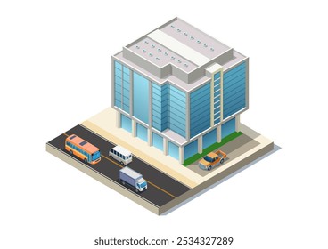Edifício moderno isométrico com estrada