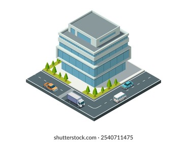 Edificio moderno isométrico con autopista