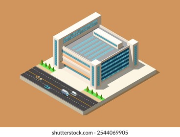 Isometric modern building with highway