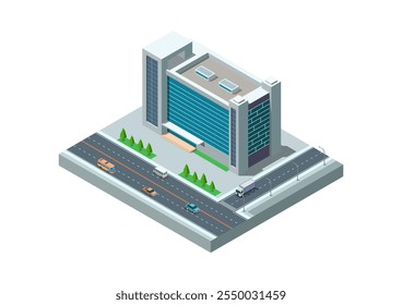 Isometric modern building with highway