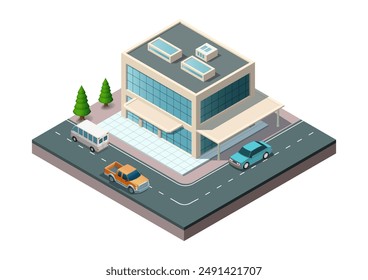 Isometric modern building with highway and cars