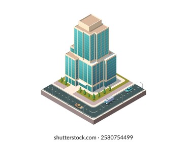 Isometric modern building with highway. Office or hotel building for game asset