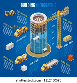 Isometric modern building infographic concept with construction cranes materials and industrial vehicles isolated vector illustration