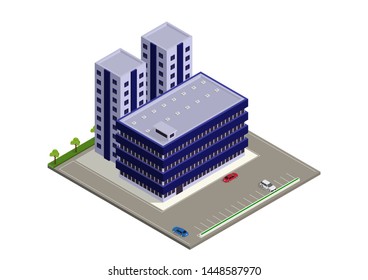 isometric modern building with parking area