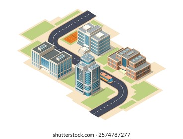 Isometric modern building with road and bus. Vector illustration