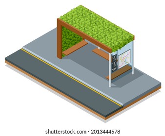 Isometric modern bus stop with lawns on the roof in the city eco park, roofs are covered with green grass.