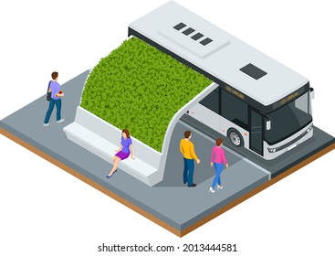 Isometric modern bus stop with lawns on the roof in the city eco park, roofs are covered with green grass.