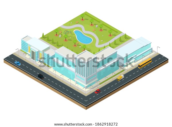 Isometric\
modern business center with park, highway, and cars. Commercial\
office building isolated vector\
illustration.