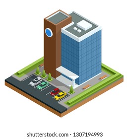 Isometric Modern Business Center With Parking And Cars. Commercial Office Building Isolated Vector Illustration