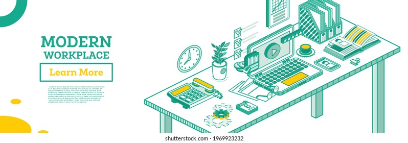 Isometric Modern Business Workplace. Vector Illustration. Outline Office Workplace with Laptop, Smartphone, Paper Trays, Plant and Telephone.
