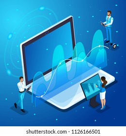 Isometric modern businessman and business ladies work with gadgets, virtual screen management, work with analytics, graphs and diagrams